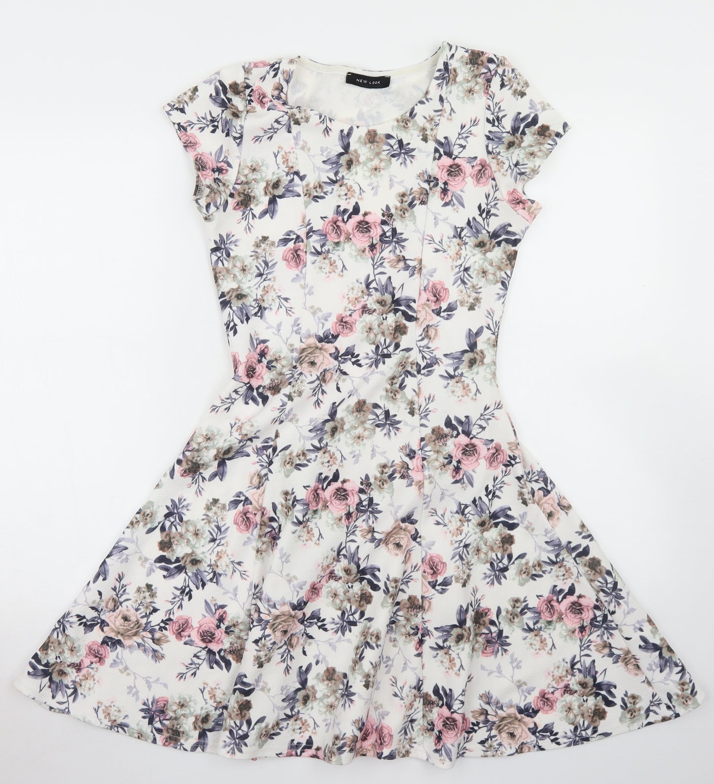 New Look Womens White Floral Polyester Fit & Flare  Size 10  Crew Neck