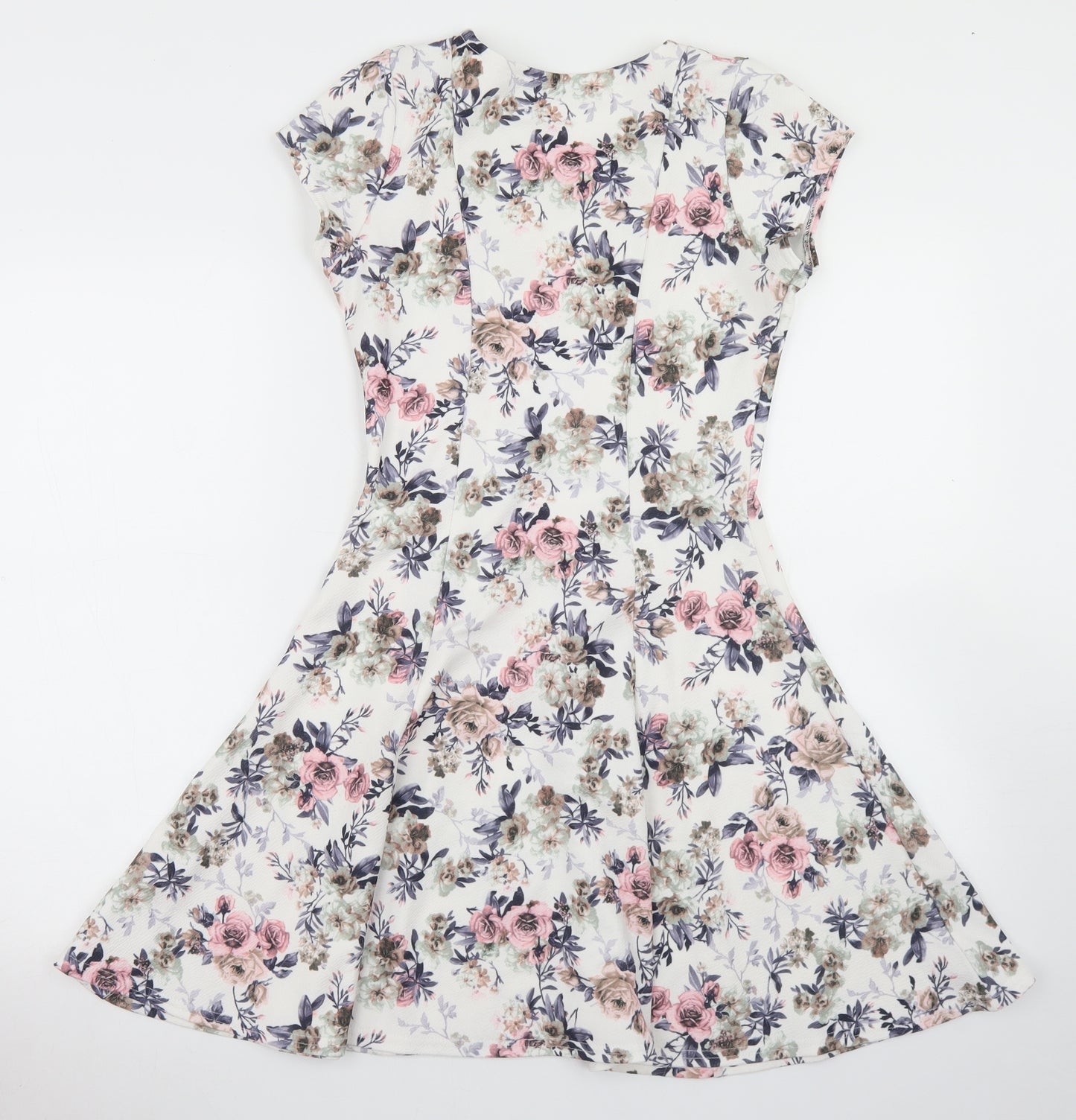 New Look Womens White Floral Polyester Fit & Flare  Size 10  Crew Neck