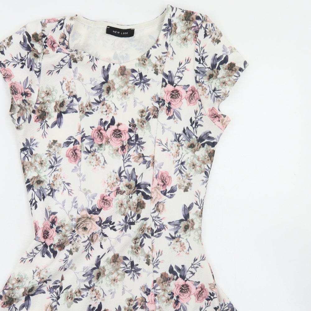 New Look Womens White Floral Polyester Fit & Flare  Size 10  Crew Neck