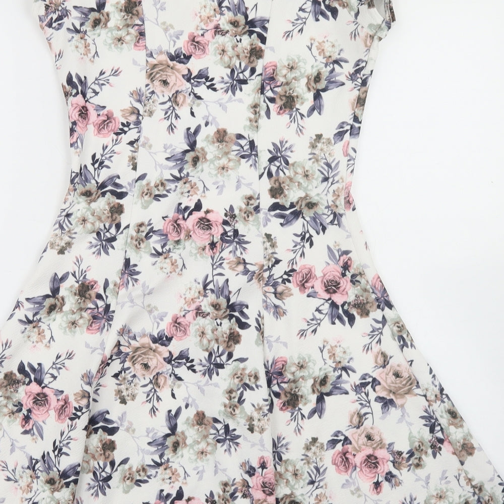 New Look Womens White Floral Polyester Fit & Flare  Size 10  Crew Neck