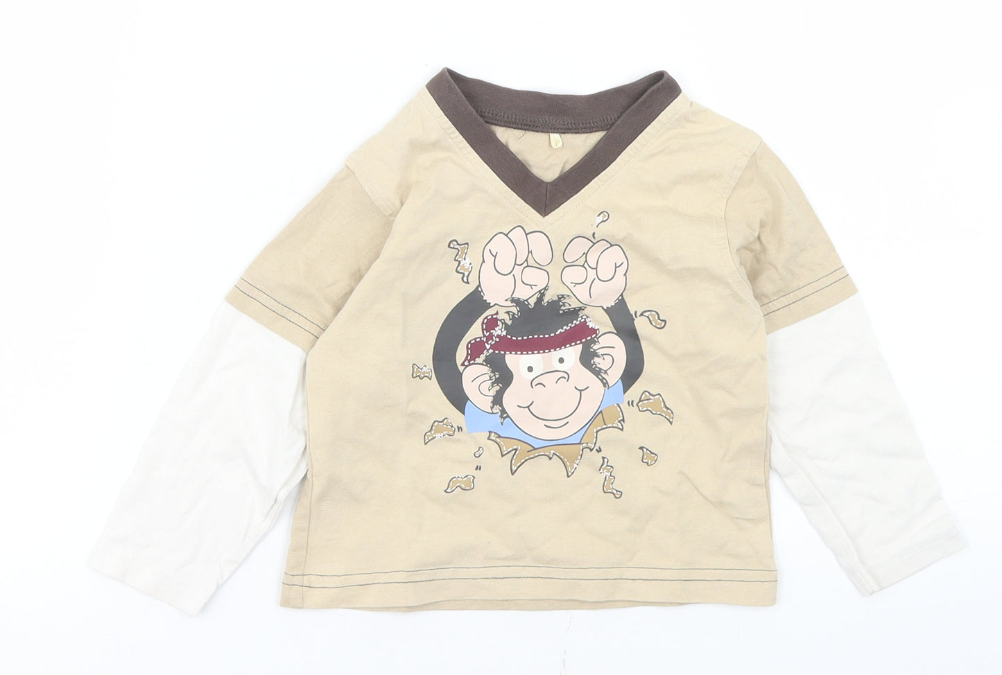 George Boys Beige  Cotton Basic T-Shirt Size 9-12 Months V-Neck  - Monkey
