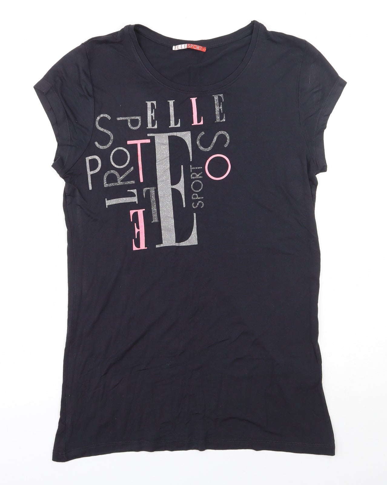 Elle Sport Womens Black  Viscose Basic T-Shirt Size 14 Scoop Neck Pullover