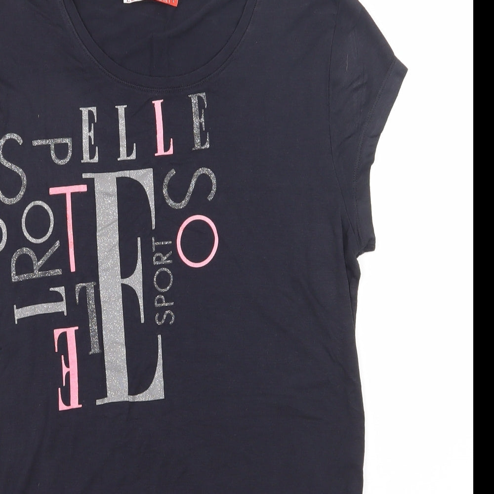 Elle Sport Womens Black  Viscose Basic T-Shirt Size 14 Scoop Neck Pullover