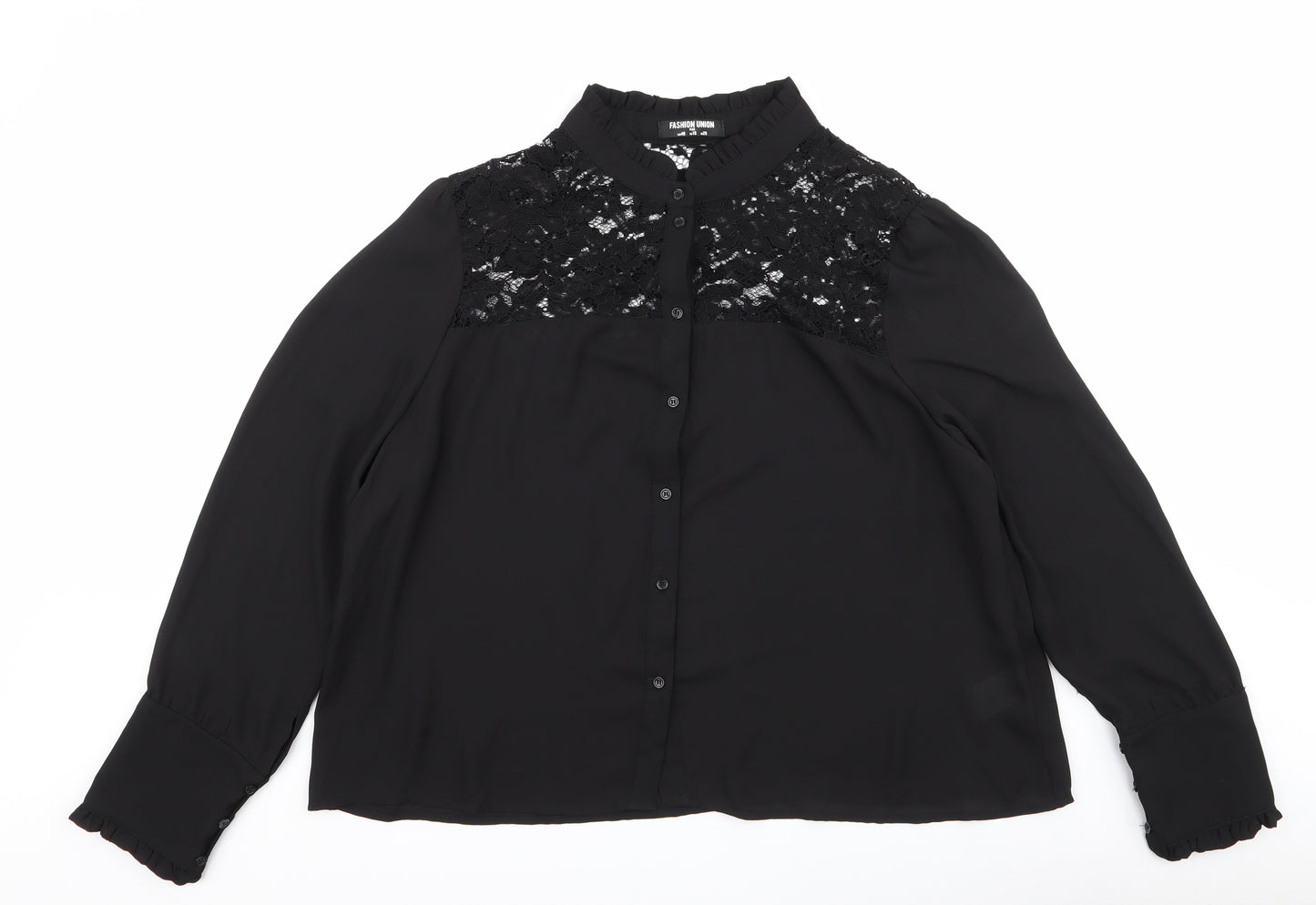 Fashion Union Womens Black Floral Polyester Basic Blouse Size 20 High Neck