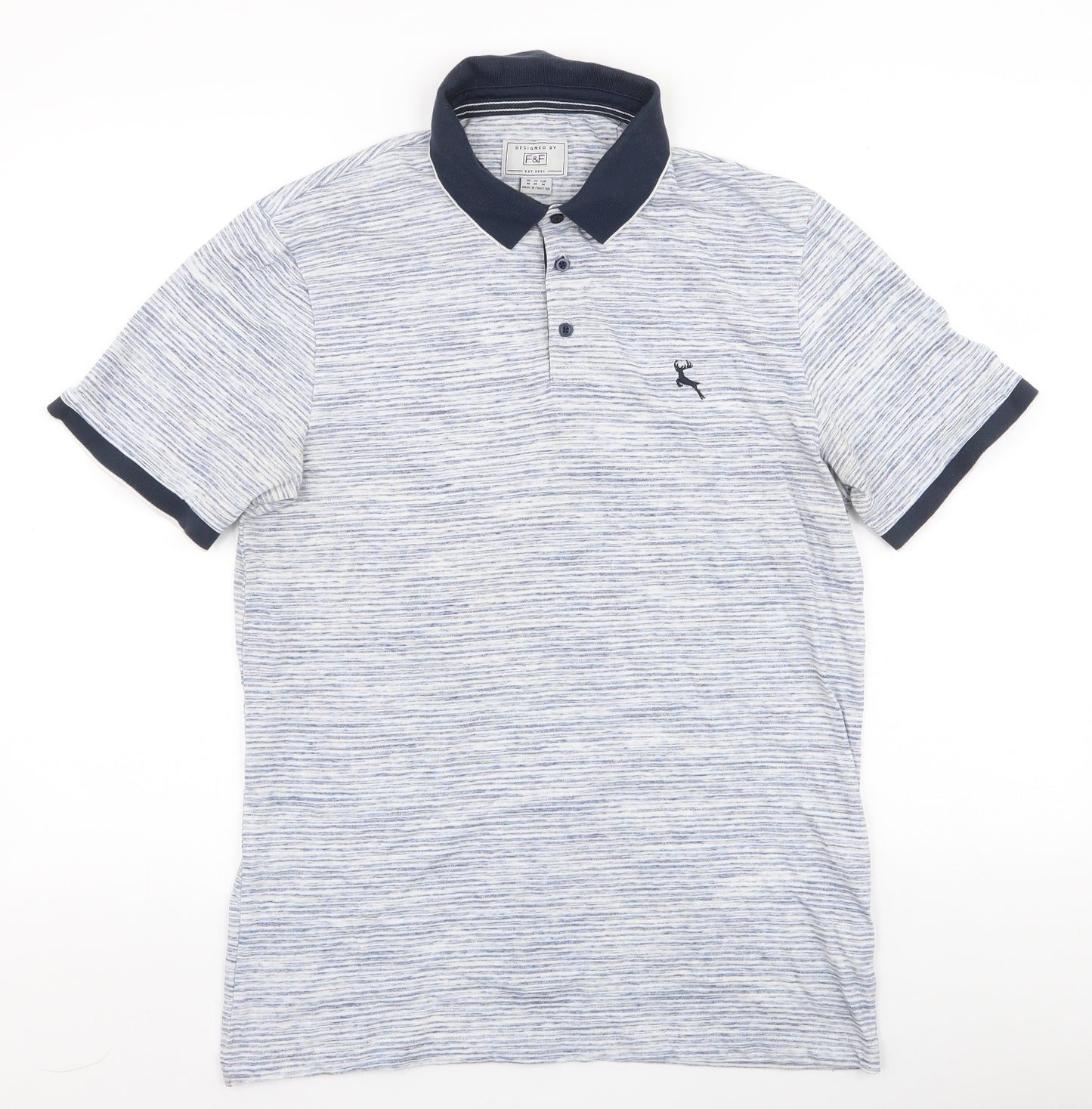 F&F Mens Blue Striped Cotton  Polo Size M Collared Button