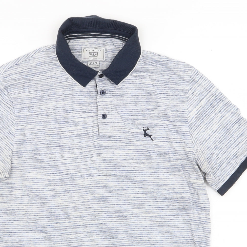 F&F Mens Blue Striped Cotton  Polo Size M Collared Button