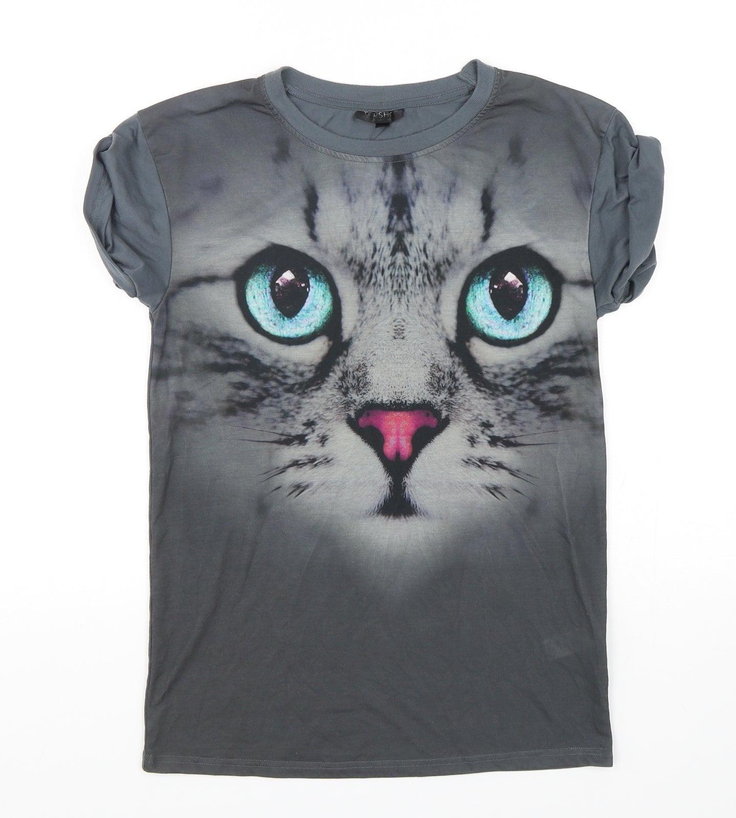 Topshop Womens Grey Geometric Polyester Basic T-Shirt Size 8 Round Neck - Cat Print