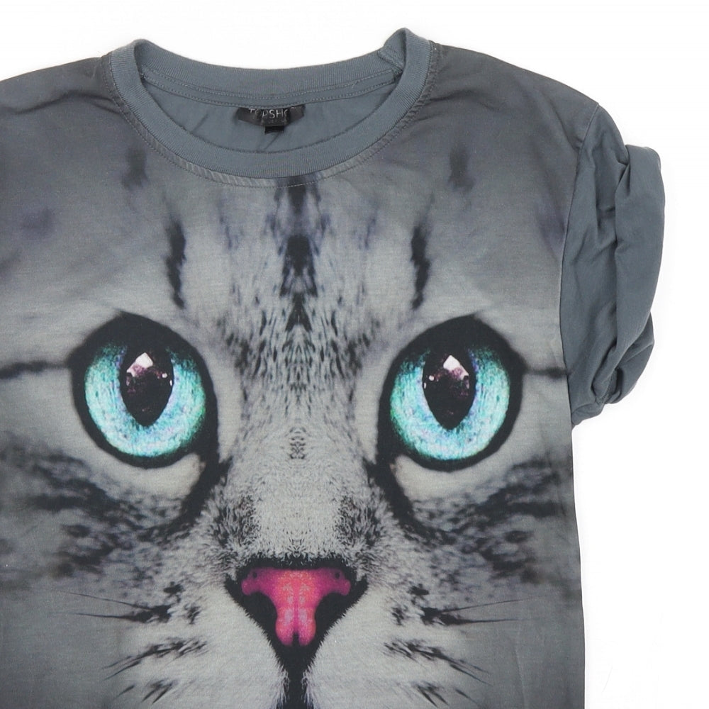 Topshop Womens Grey Geometric Polyester Basic T-Shirt Size 8 Round Neck - Cat Print