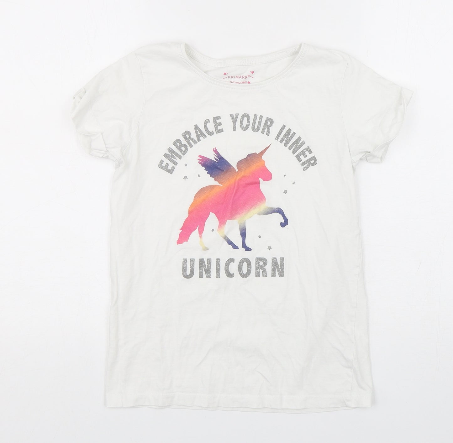 Primark Girls White  Cotton Basic T-Shirt Size 12-13 Years Round Neck Pullover - Unicorn