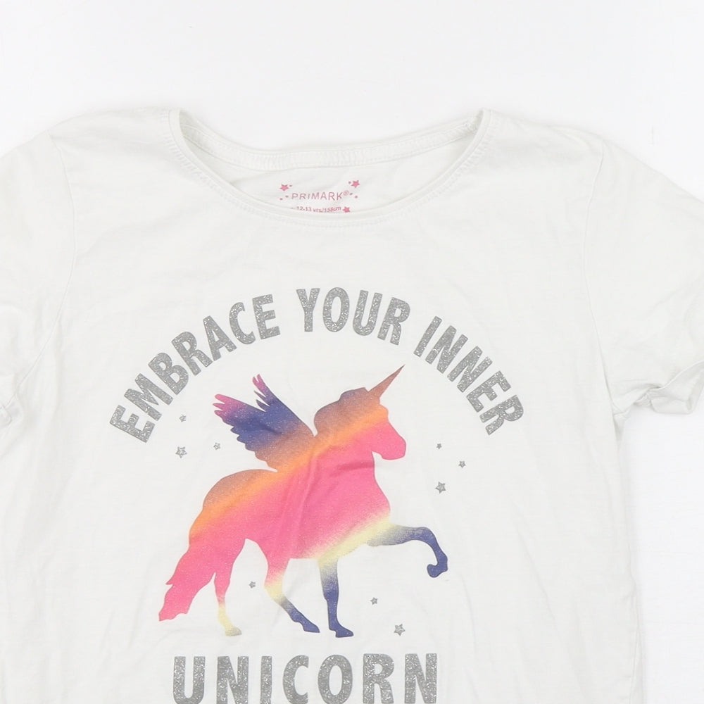 Primark Girls White  Cotton Basic T-Shirt Size 12-13 Years Round Neck Pullover - Unicorn