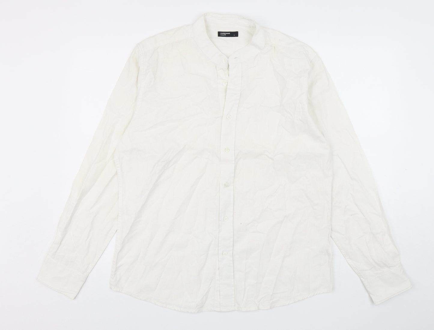Cedar Wood State Mens White  Linen  Button-Up Size L Round Neck Button