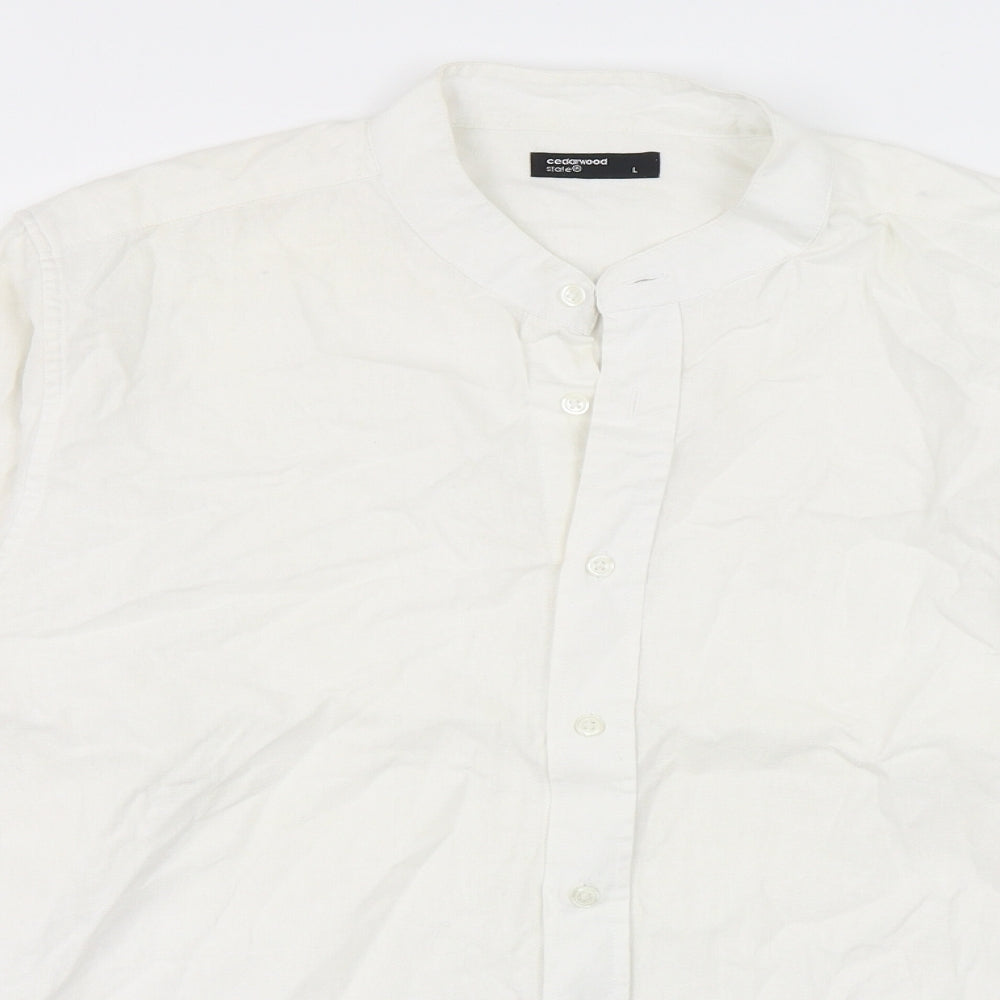 Cedar Wood State Mens White  Linen  Button-Up Size L Round Neck Button