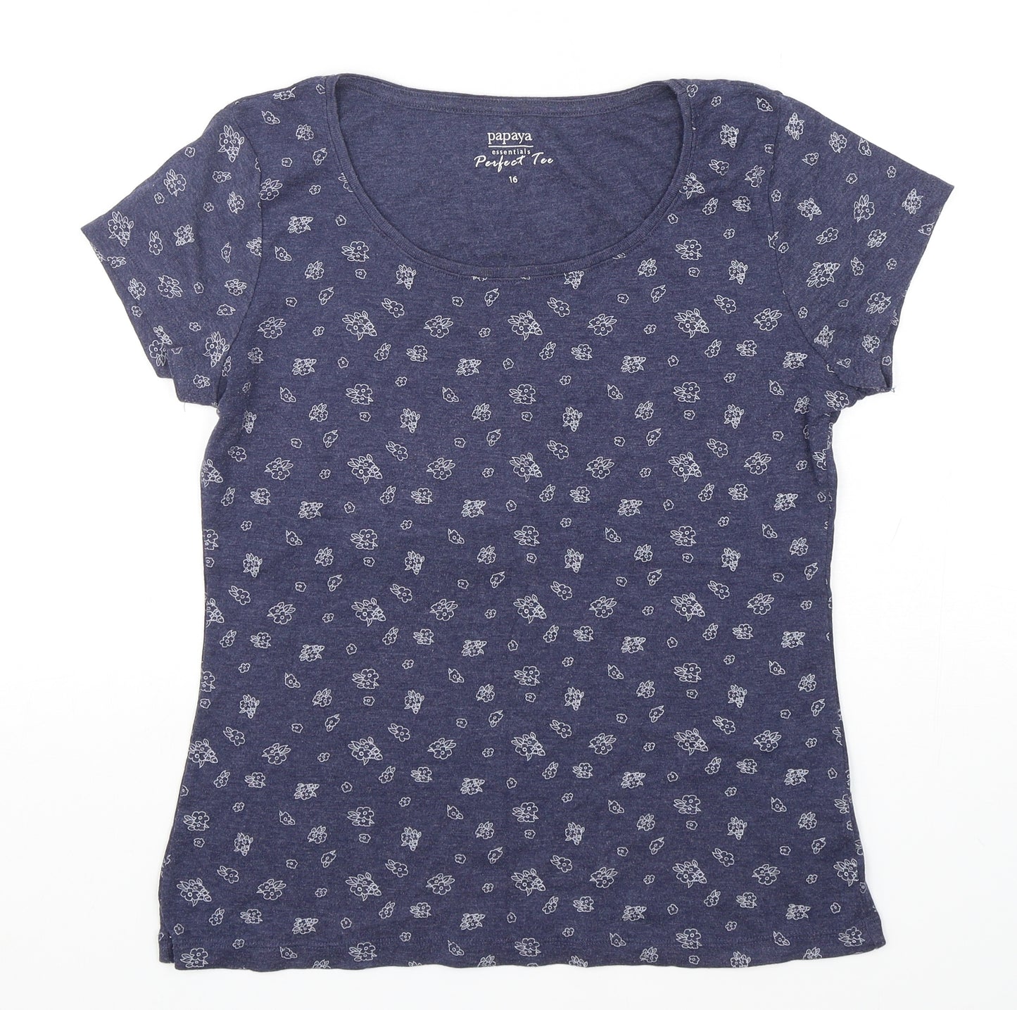 Papaya Womens Blue Floral Cotton Basic T-Shirt Size 16 Round Neck