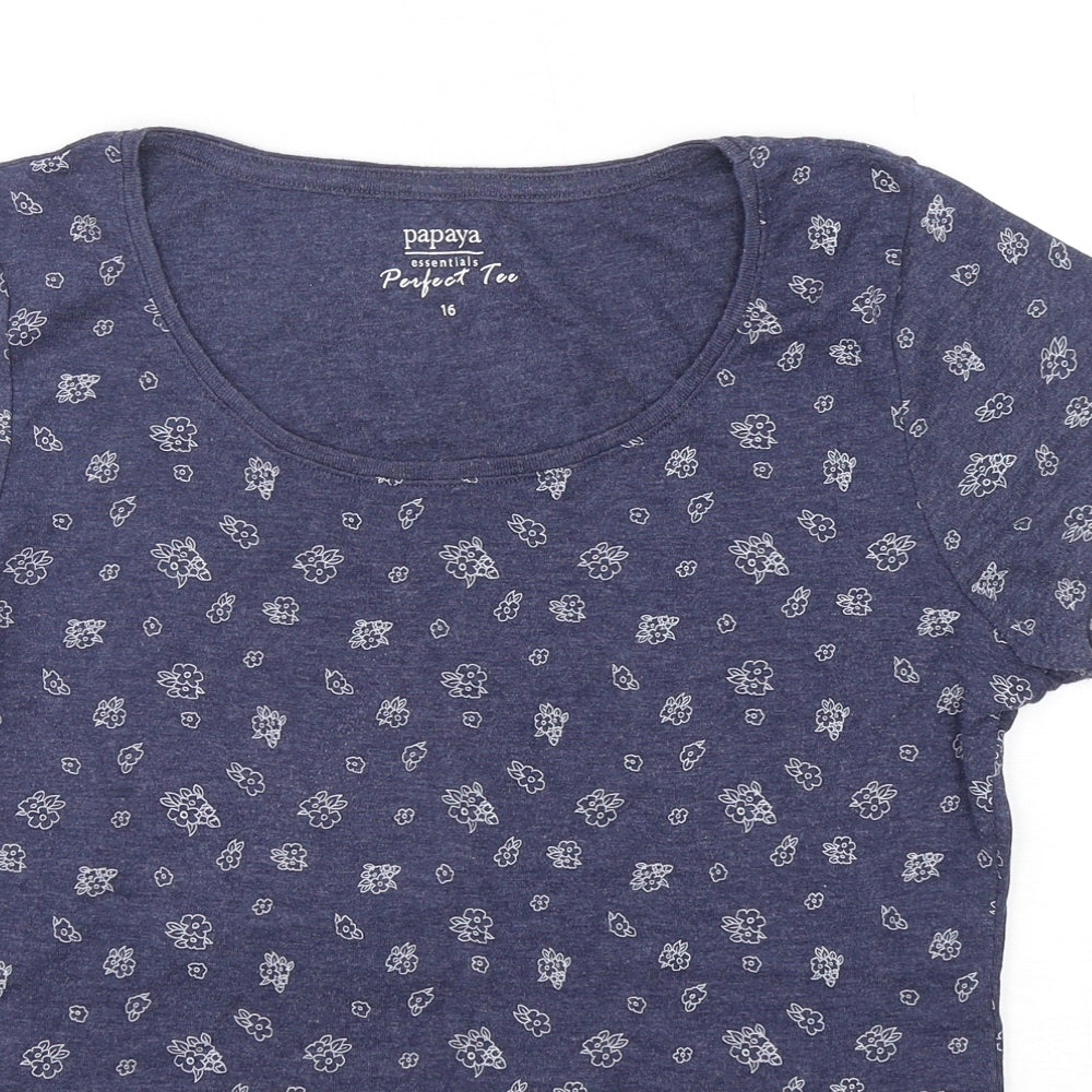 Papaya Womens Blue Floral Cotton Basic T-Shirt Size 16 Round Neck