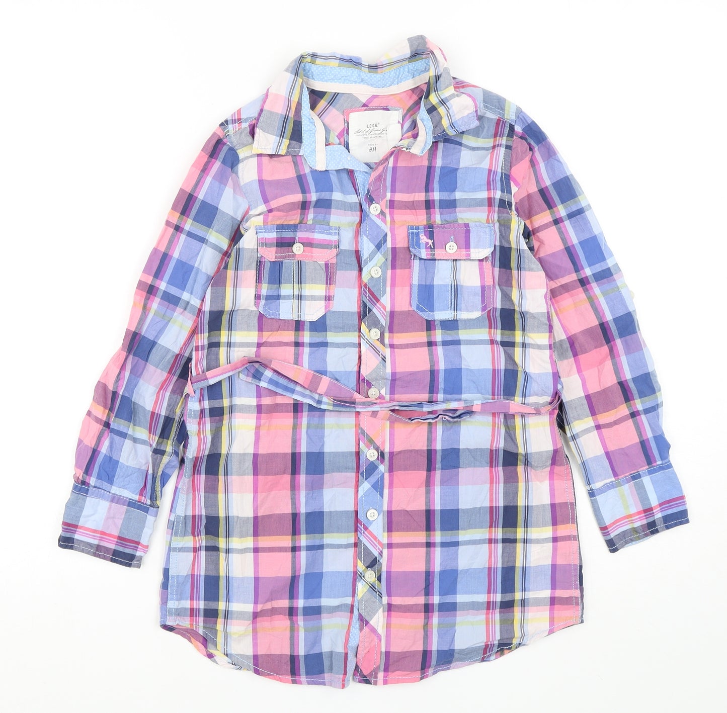 H&M Girls Multicoloured Plaid Cotton Shirt Dress  Size 9 Years  Collared Button