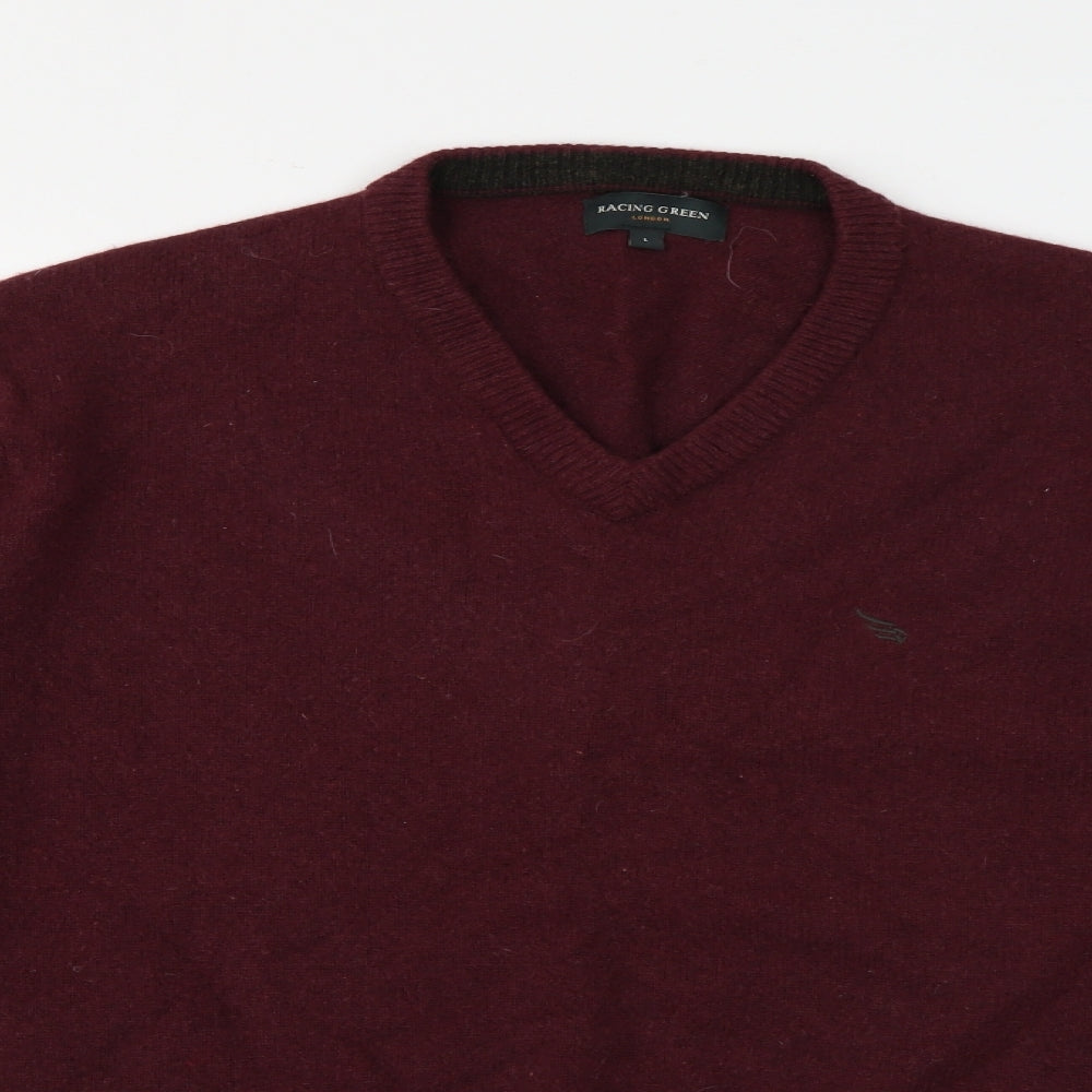 Racing Green Mens Purple V-Neck  Wool Pullover Jumper Size L
