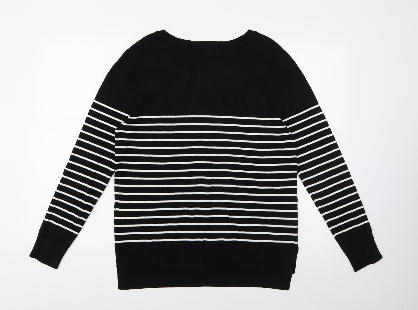 Peacocks Womens Black Scoop Neck Striped Viscose Pullover Jumper Size 16