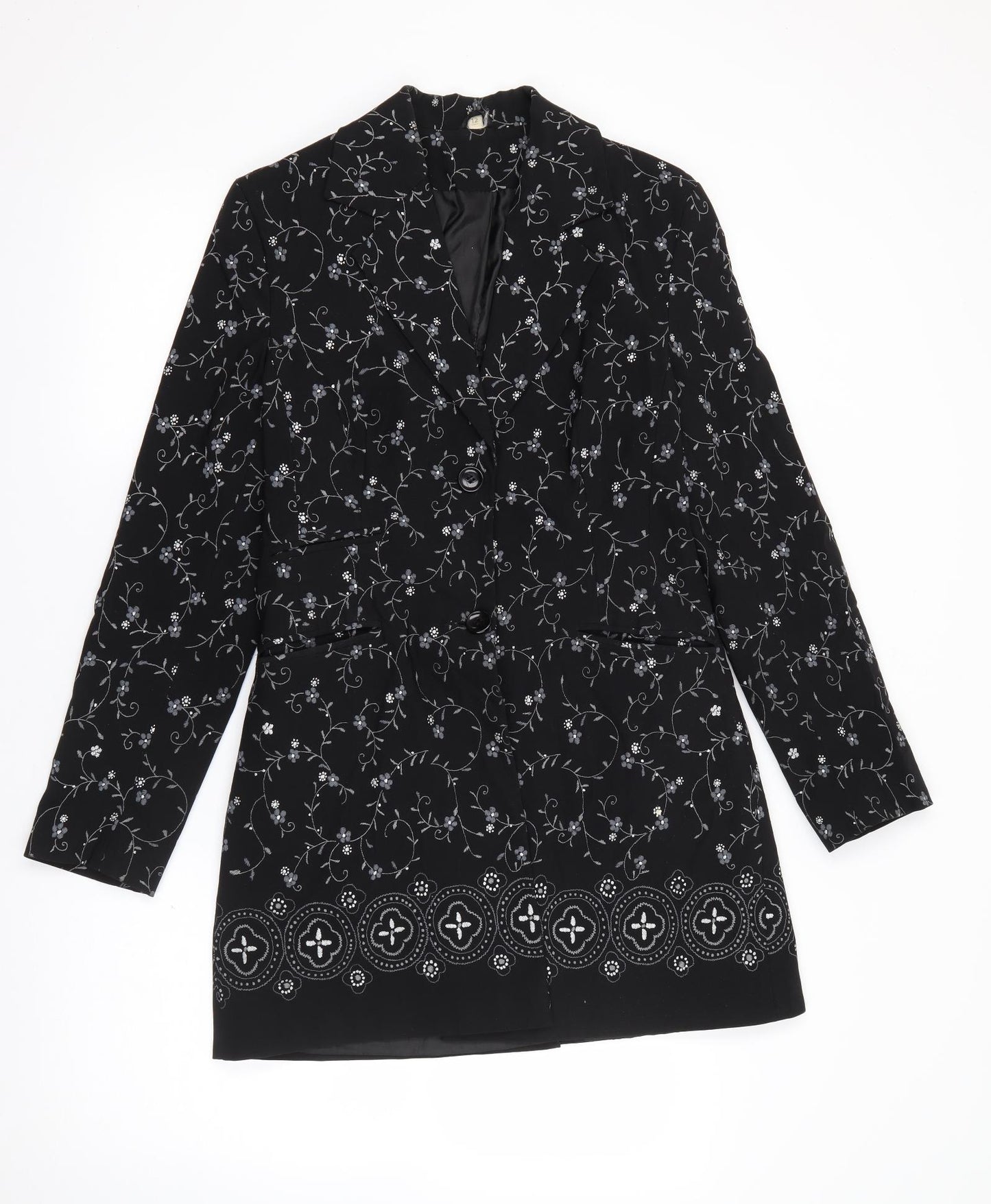 Preworn Womens Black Floral  Overcoat Jacket Size 12  Button