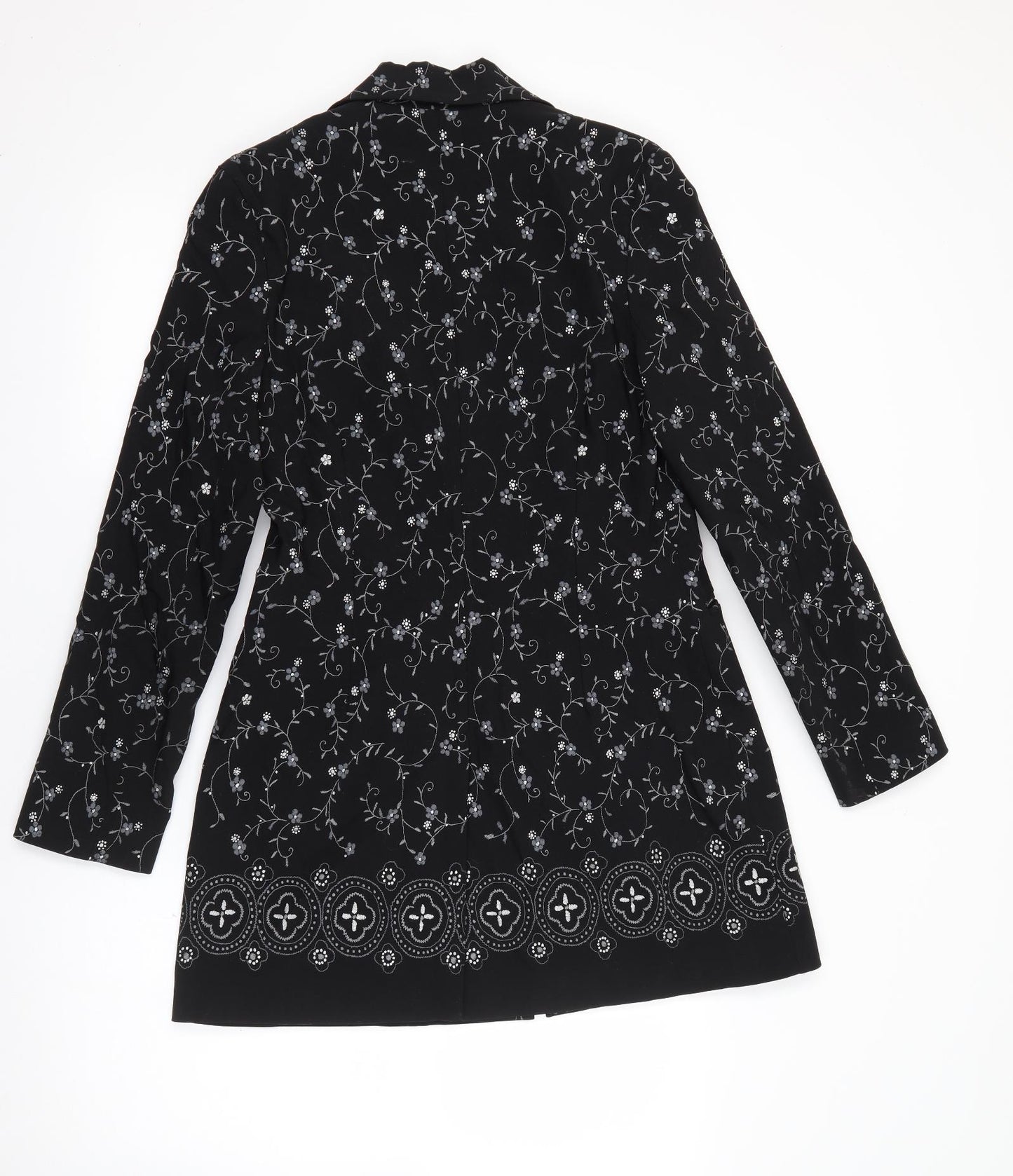 Preworn Womens Black Floral  Overcoat Jacket Size 12  Button