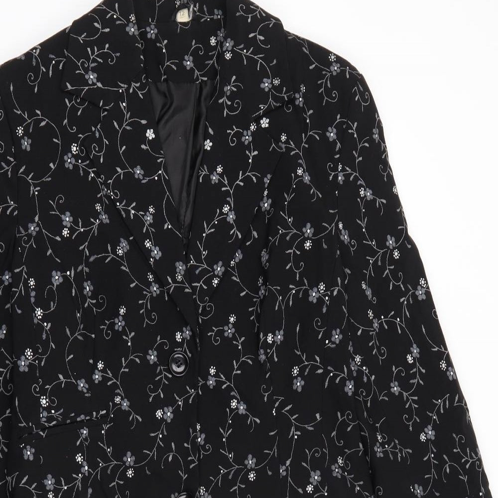 Preworn Womens Black Floral  Overcoat Jacket Size 12  Button