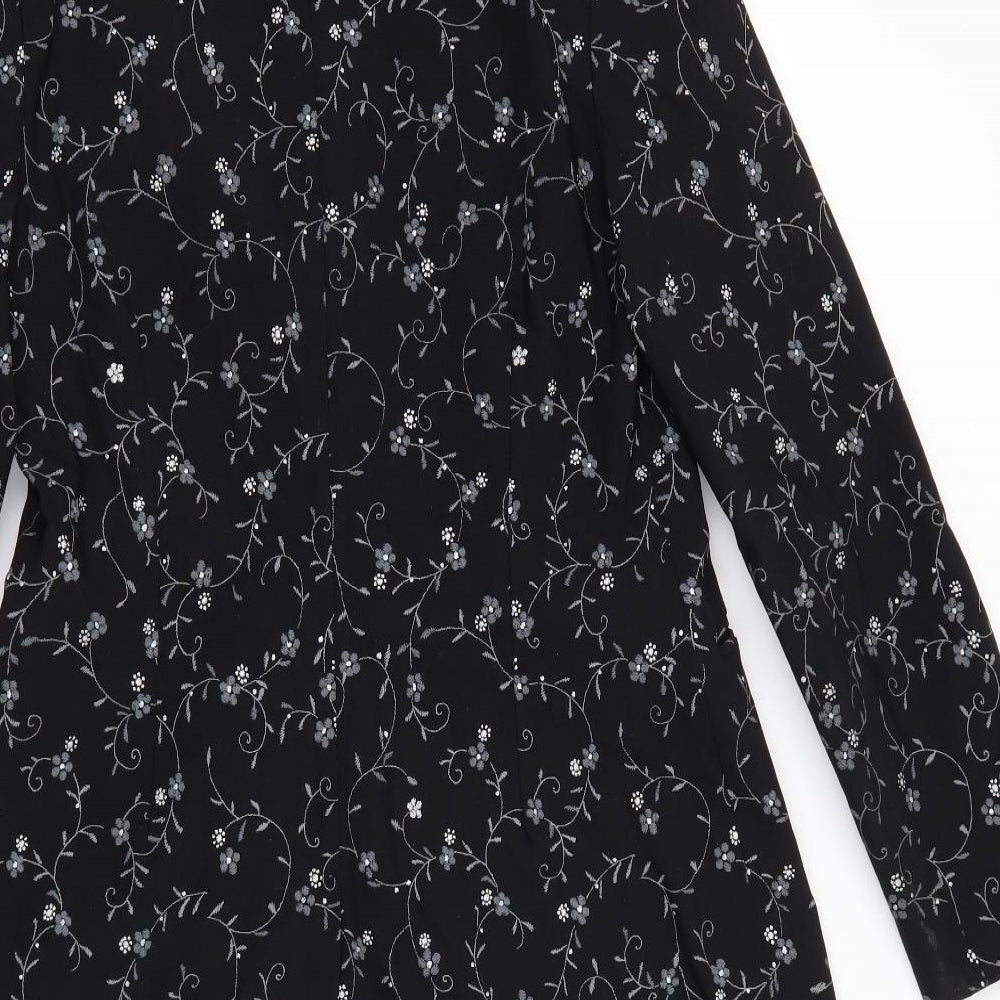 Preworn Womens Black Floral  Overcoat Jacket Size 12  Button