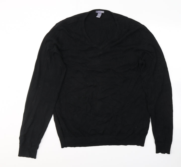 H&M Mens Black V-Neck Cotton Pullover Jumper Size L