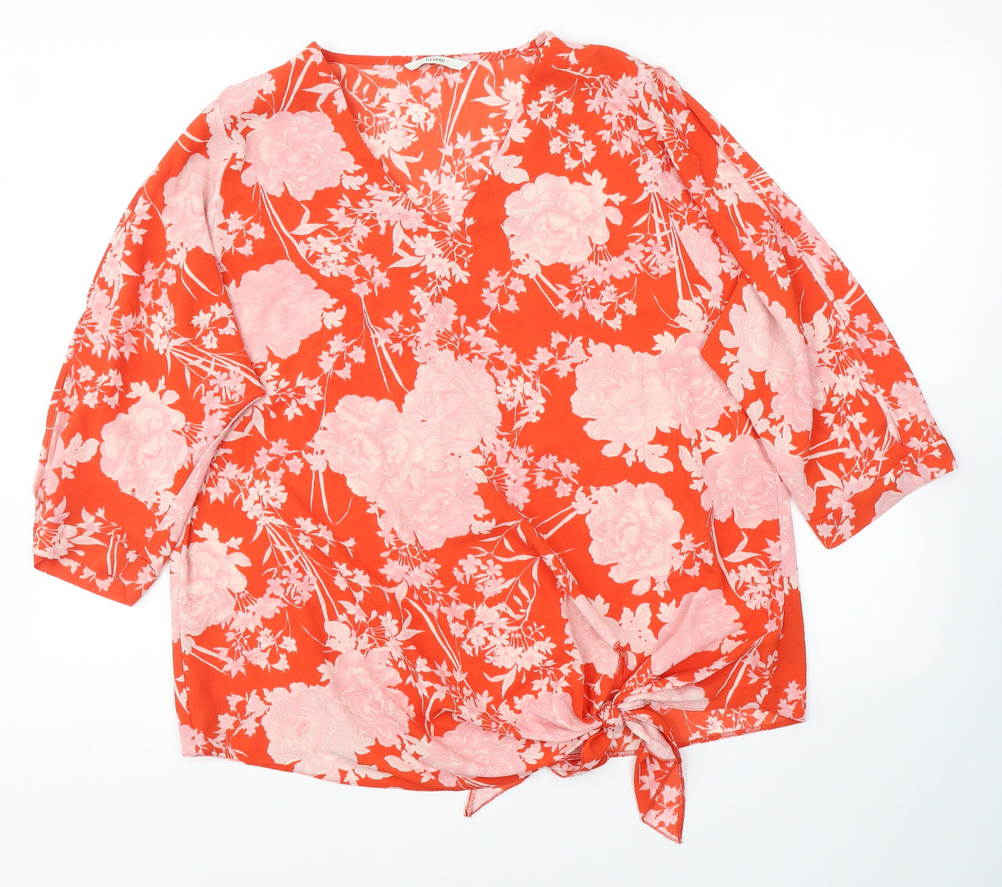 George Womens Red Floral Polyester Basic Blouse Size 16 V-Neck