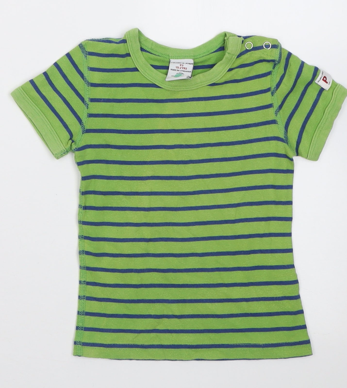 Polarn O. Pyret Boys Green Striped Cotton Basic T-Shirt Size 2 Years Crew Neck Button