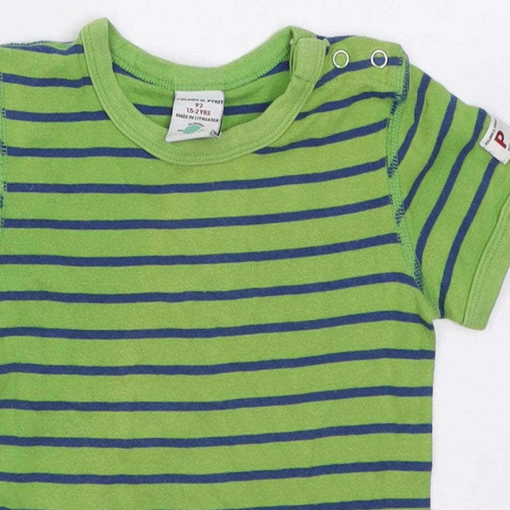 Polarn O. Pyret Boys Green Striped Cotton Basic T-Shirt Size 2 Years Crew Neck Button