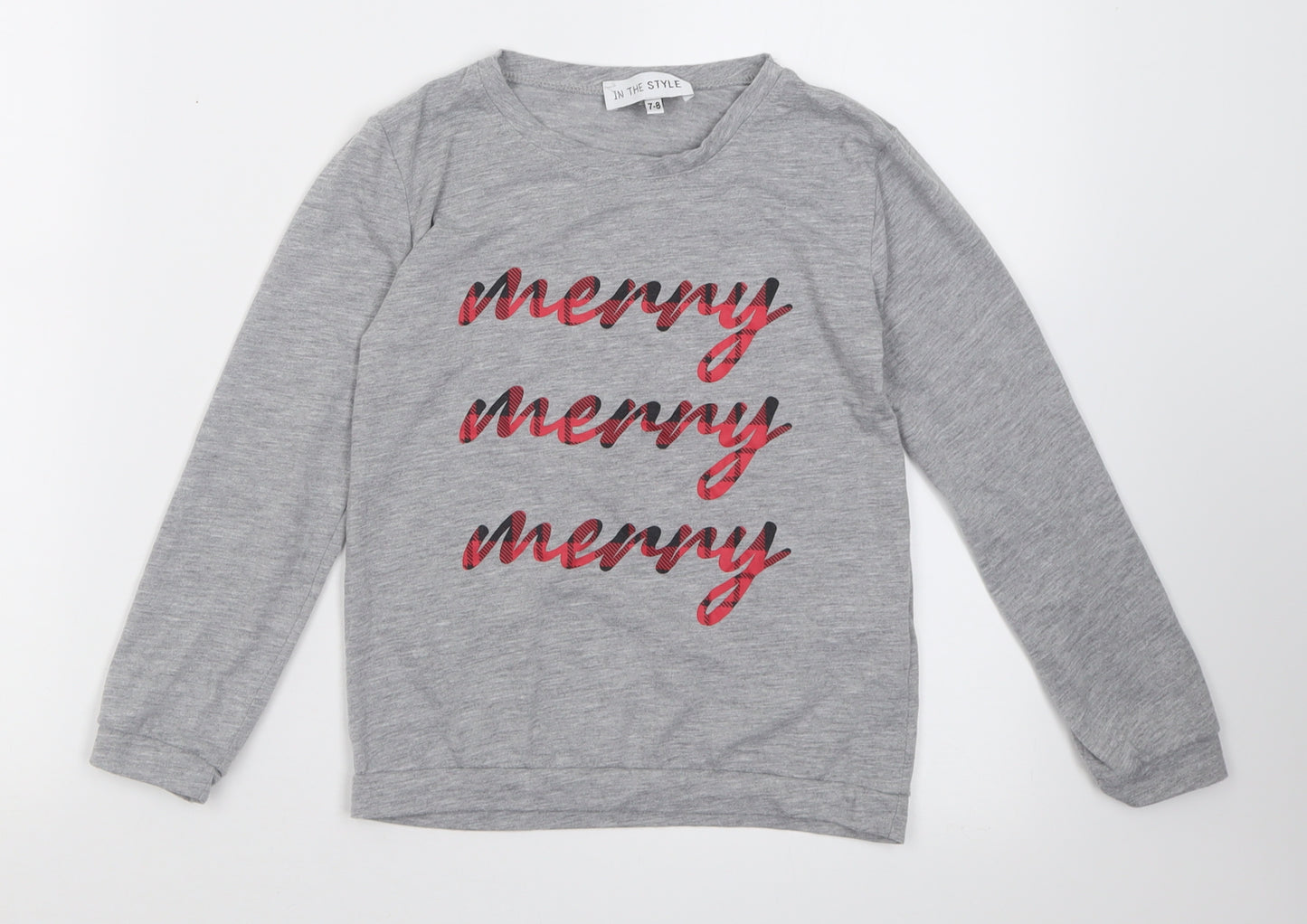 In the Style Girls Grey  Polyester Basic Casual Size 7-8 Years Crew Neck Pullover - Christmas