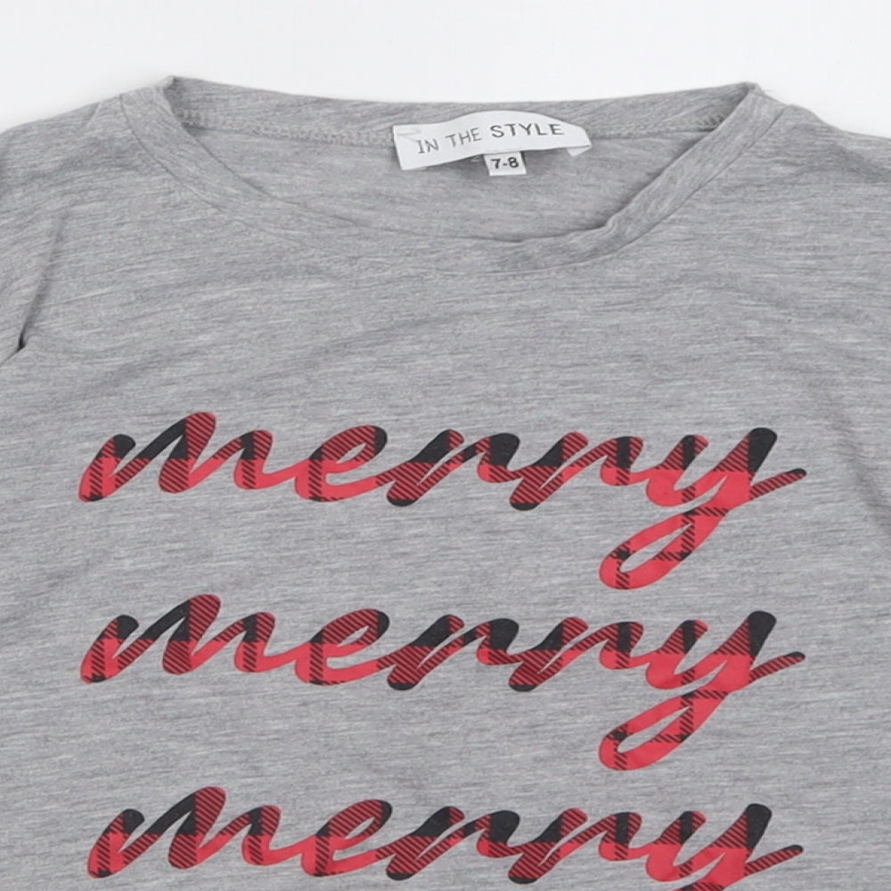 In the Style Girls Grey  Polyester Basic Casual Size 7-8 Years Crew Neck Pullover - Christmas