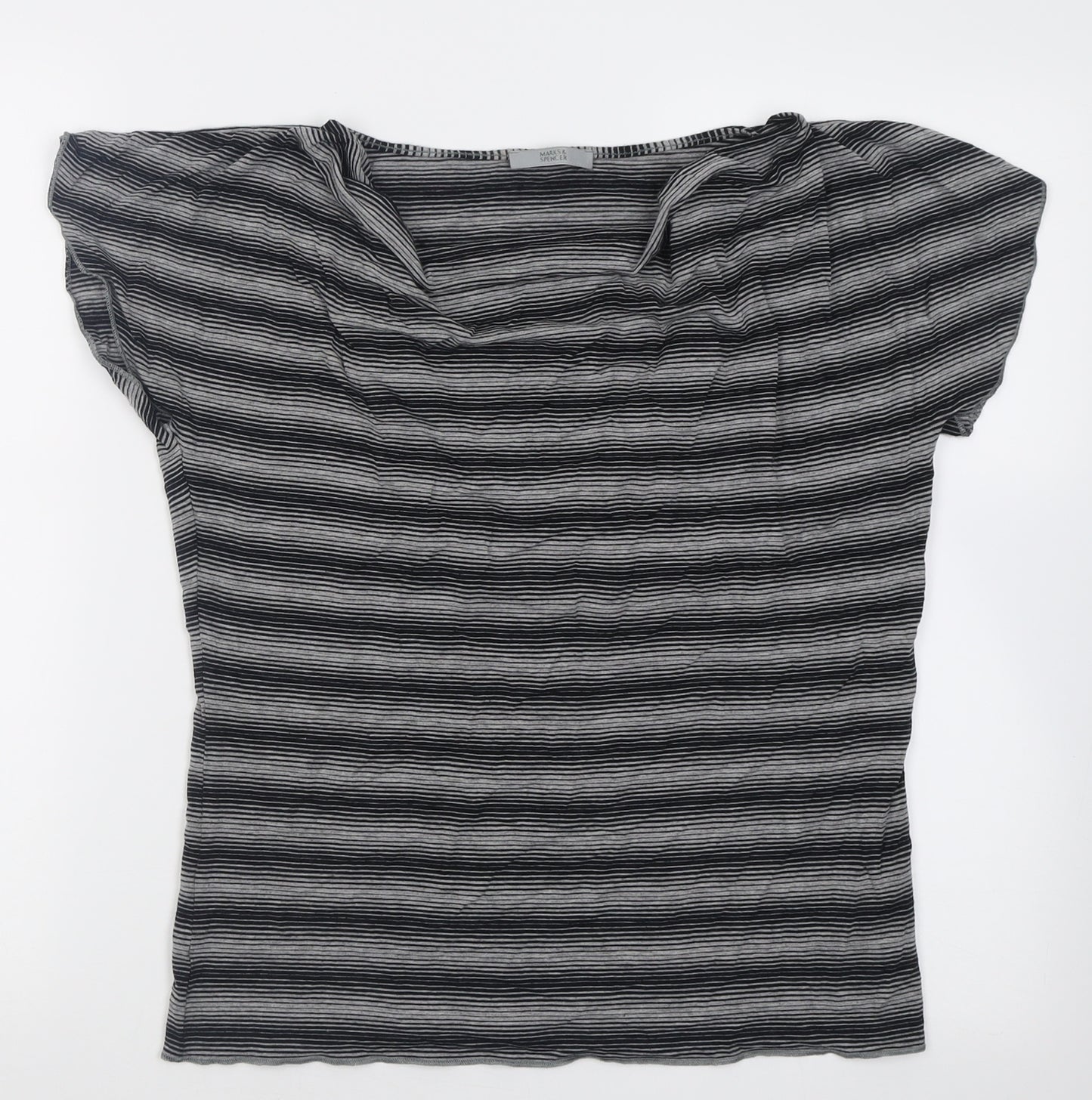 Marks and Spencer Womens Grey Striped Viscose Basic T-Shirt Size 16 Boat Neck
