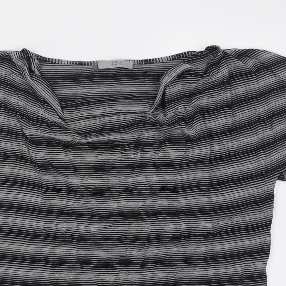 Marks and Spencer Womens Grey Striped Viscose Basic T-Shirt Size 16 Boat Neck