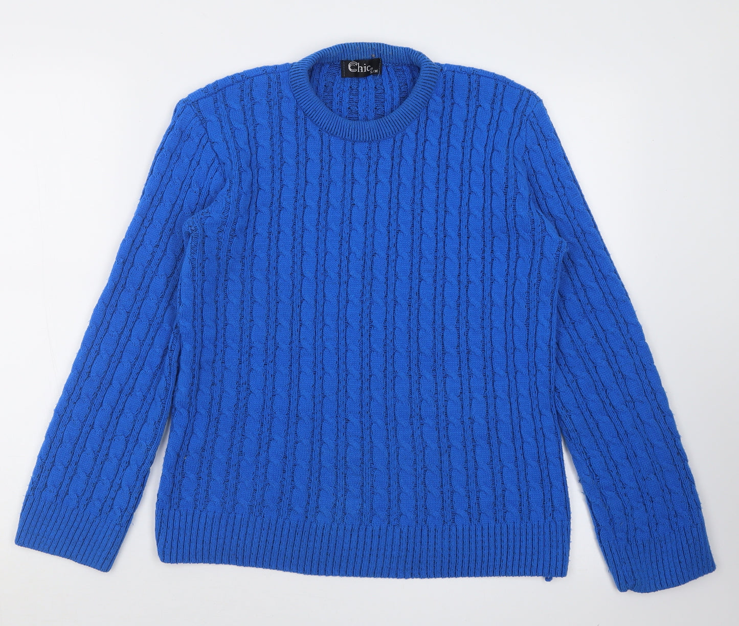 Chic me Womens Blue Crew Neck Geometric Acrylic Pullover Jumper Size M