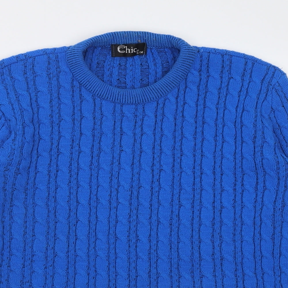 Chic me Womens Blue Crew Neck Geometric Acrylic Pullover Jumper Size M