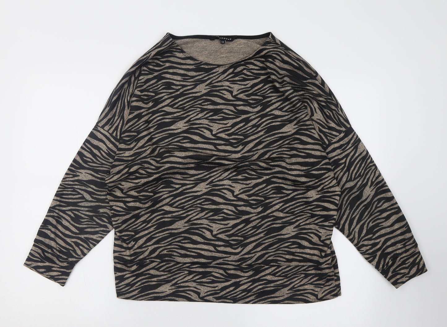 peacoxks Womens Black Crew Neck Animal Print Polyester Pullover Jumper Size 14