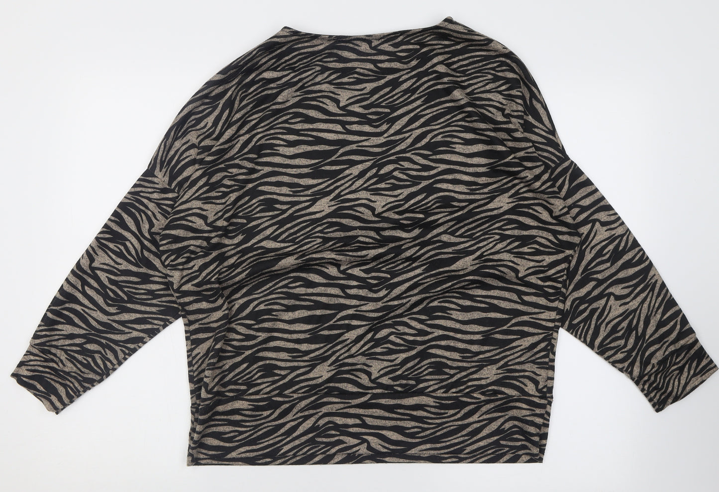 peacoxks Womens Black Crew Neck Animal Print Polyester Pullover Jumper Size 14