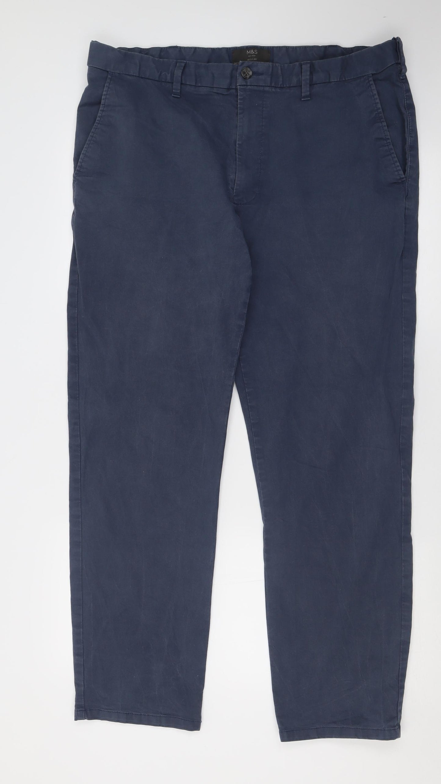Marks and Spencer Mens Blue  Cotton Chino Trousers Size 38 L31 in Regular Button
