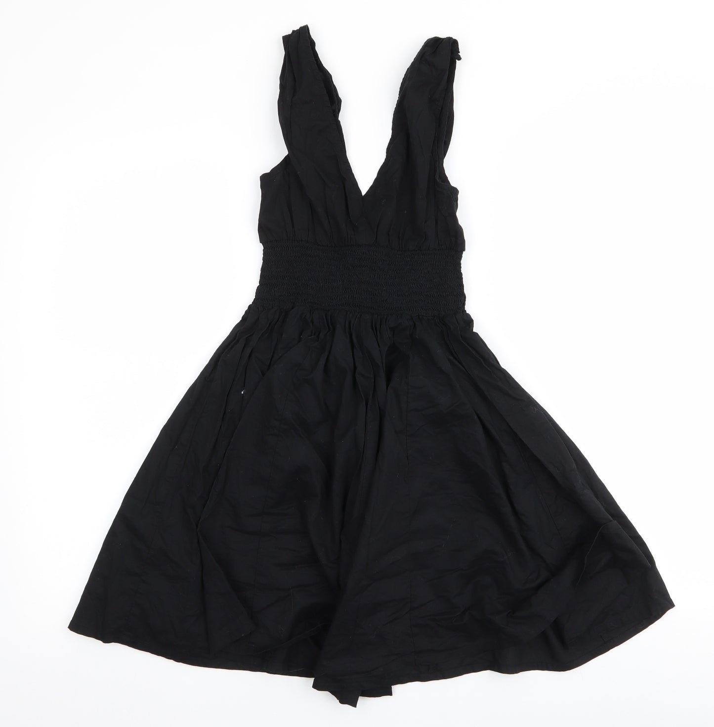 H&M Womens Black  100% Cotton Skater Dress  Size 10  V-Neck Pullover