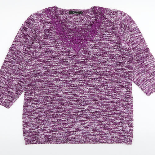 BM Collection Womens Purple Round Neck Floral Polyester Pullover Jumper Size M