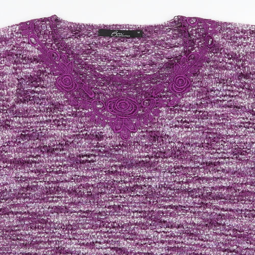 BM Collection Womens Purple Round Neck Floral Polyester Pullover Jumper Size M