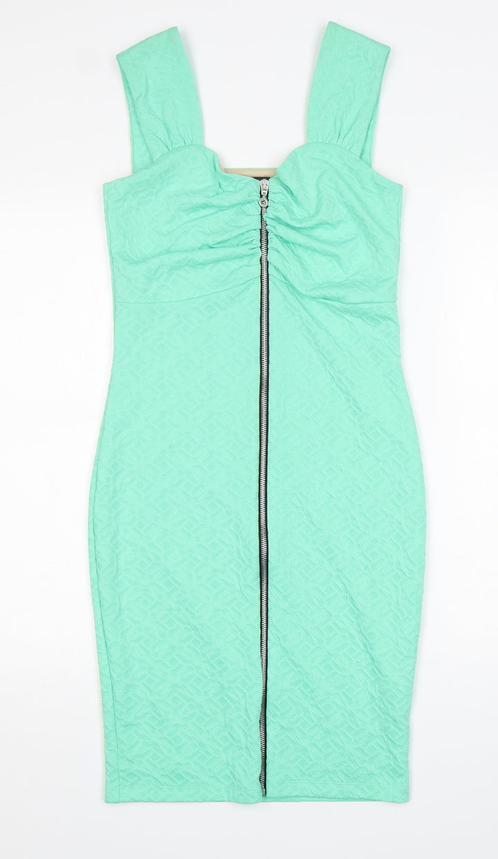 Ariana Womens Green  Viscose Pencil Dress  Size 10  Round Neck Zip
