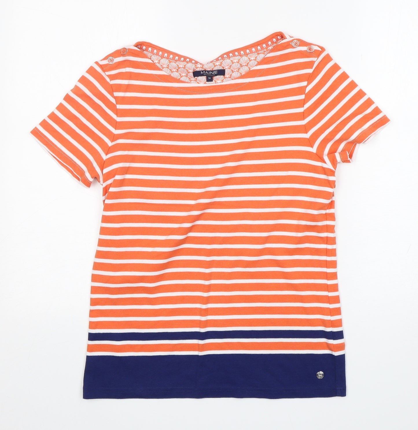 Maine New England Womens Orange Striped Cotton Basic T-Shirt Size 14 Round Neck