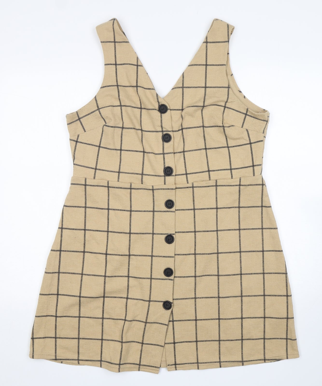 New Look Womens Beige Check Polyester Tank Dress  Size 16  V-Neck Button