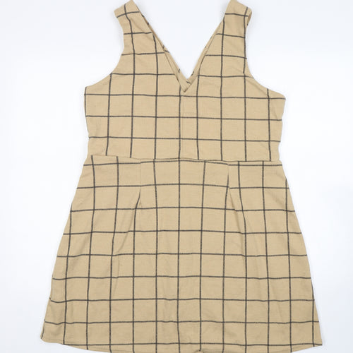 New Look Womens Beige Check Polyester Tank Dress  Size 16  V-Neck Button