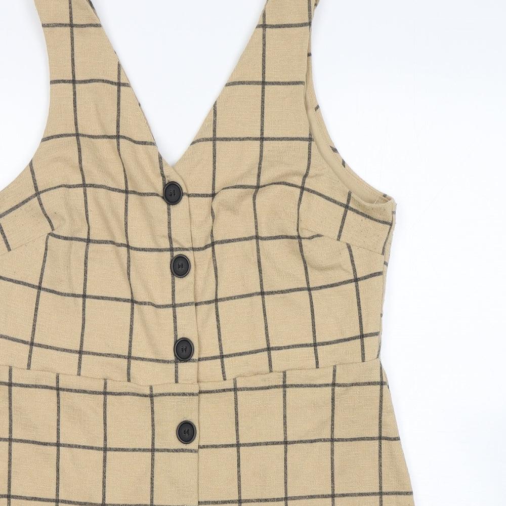 New Look Womens Beige Check Polyester Tank Dress  Size 16  V-Neck Button
