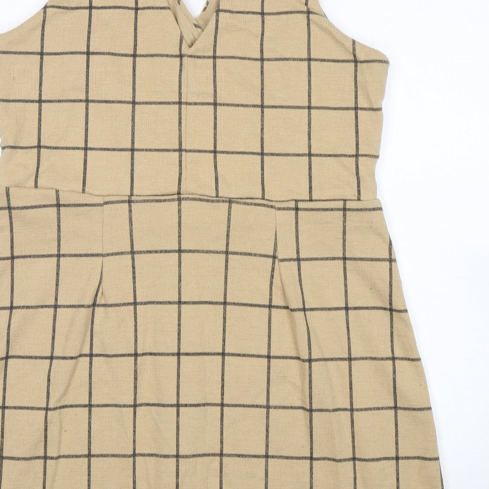 New Look Womens Beige Check Polyester Tank Dress  Size 16  V-Neck Button