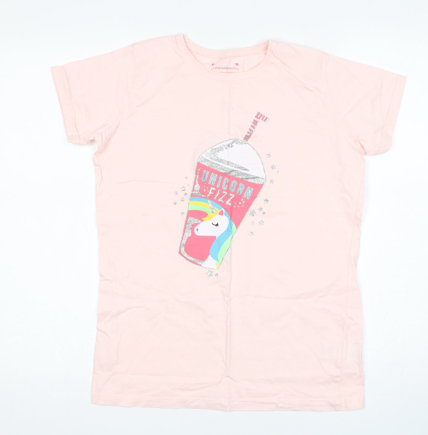 Primark Girls Pink  Cotton Basic T-Shirt Size 14-15 Years Round Neck Pullover - unicorn