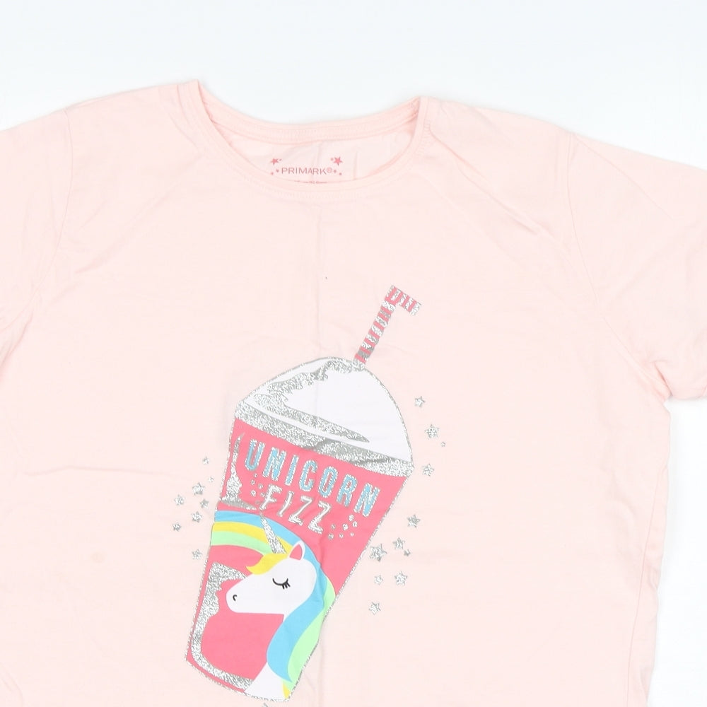 Primark Girls Pink  Cotton Basic T-Shirt Size 14-15 Years Round Neck Pullover - unicorn