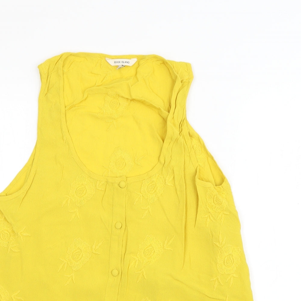 River Island Womens Yellow  Viscose Basic Tank Size 8 Scoop Neck - Floral Embroidery